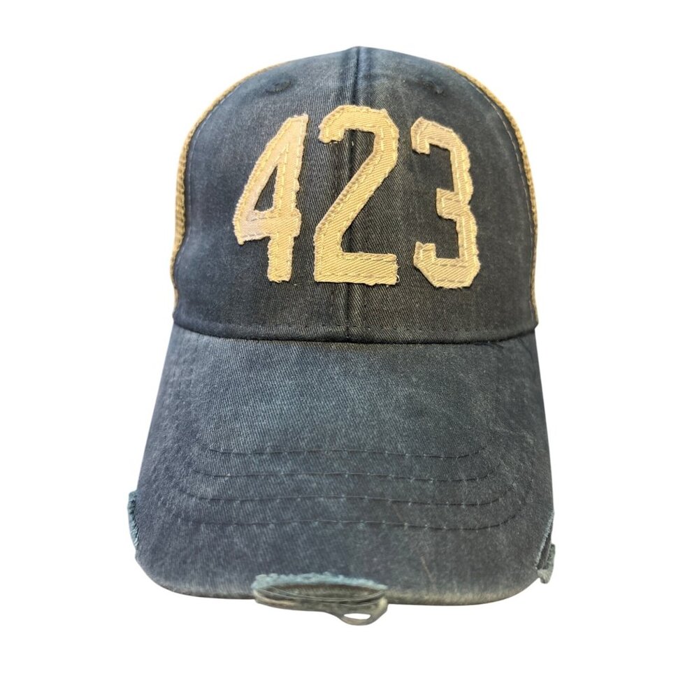 423 Area Code Distressed Trucker Hat Denim Vintage-Style Cotton Mule Mesh Back